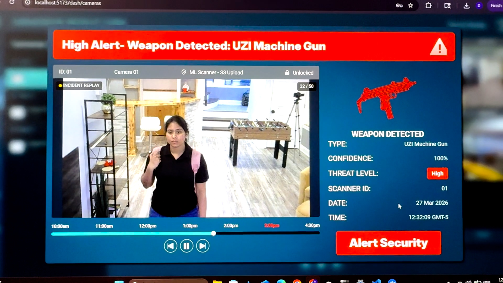 Hawkeye dashboard detecting a concealed weapon in real-time